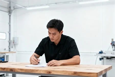 a worker a writing articles about manufacturing in the workshop