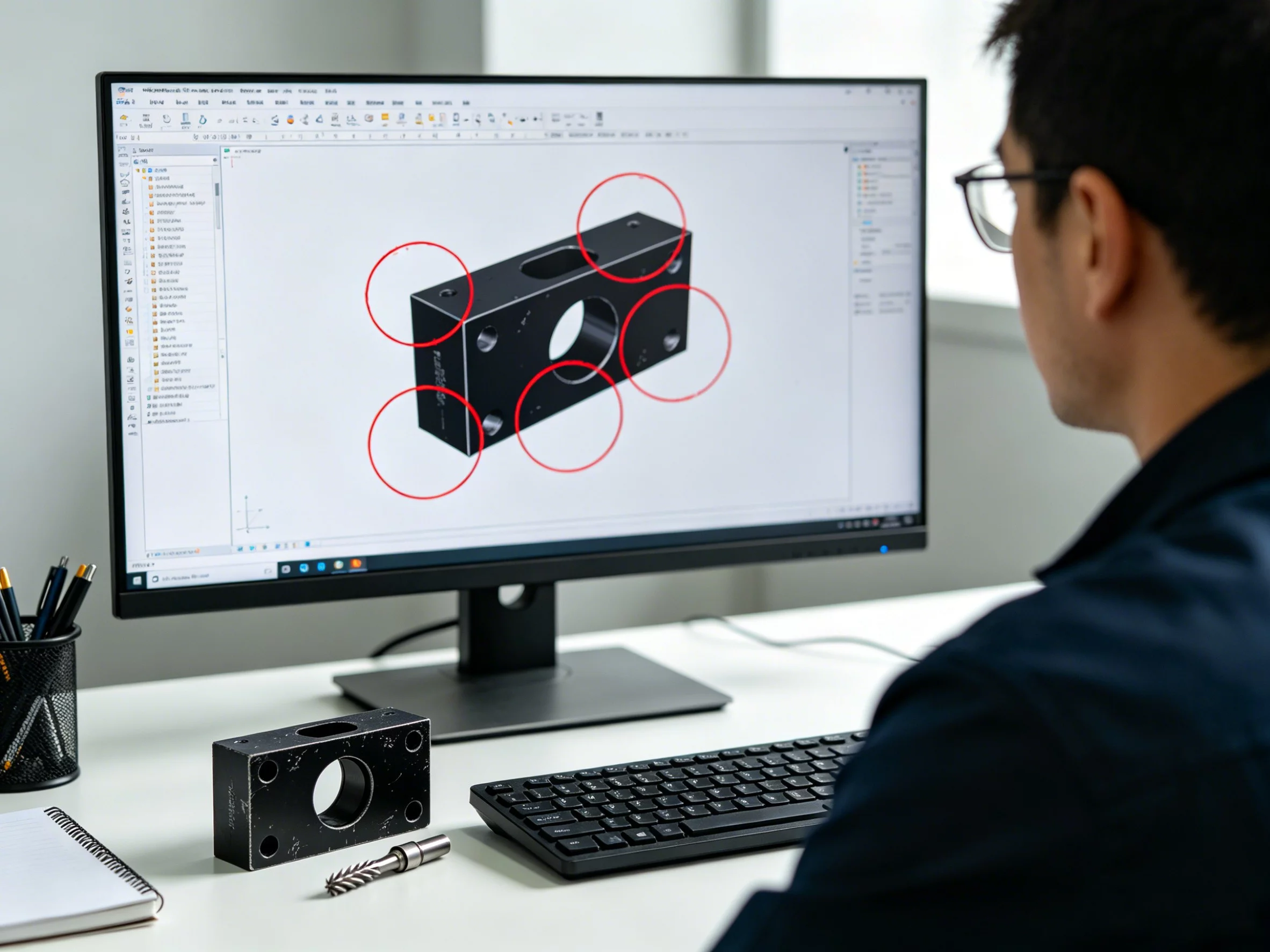 Engineer performing manual DFM review on CNC routing design